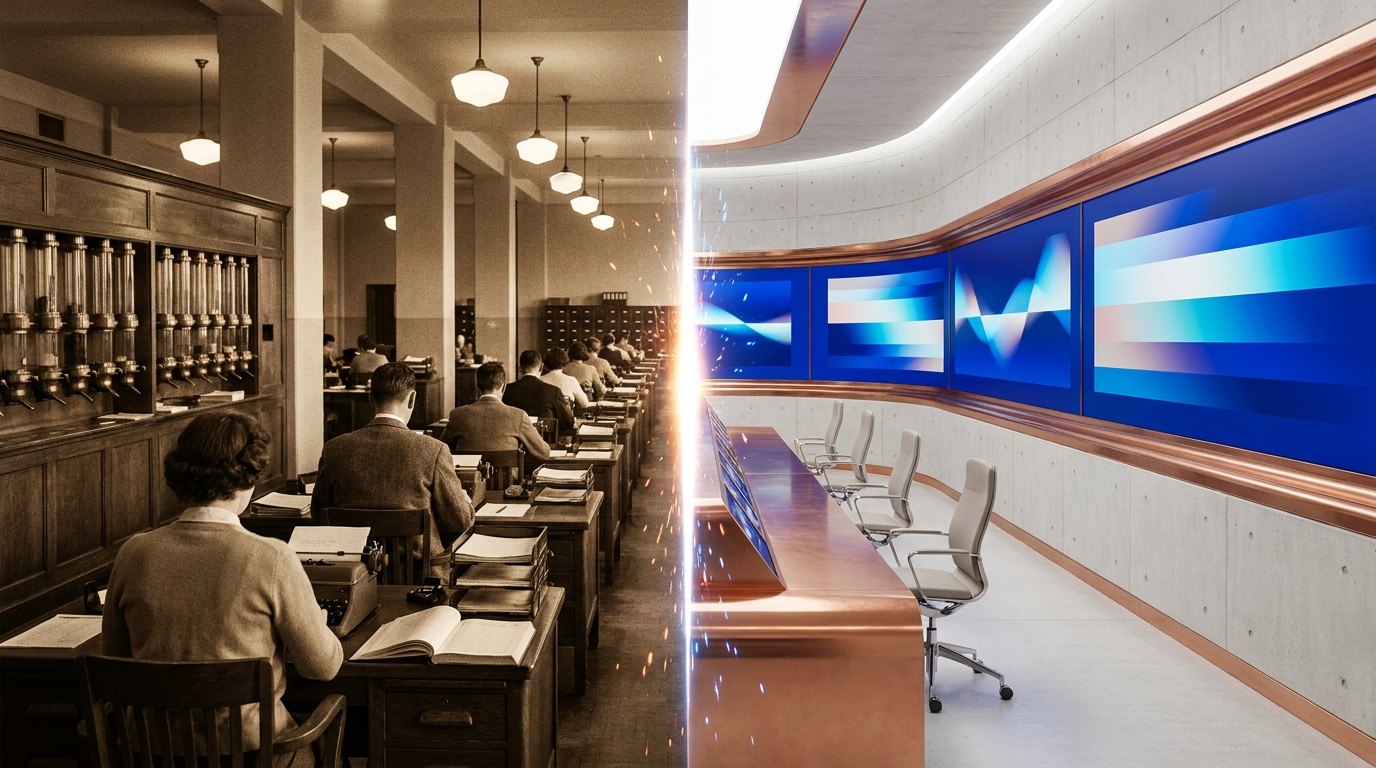 A mid-century operations room dissolving into a modern AI factory control floor
