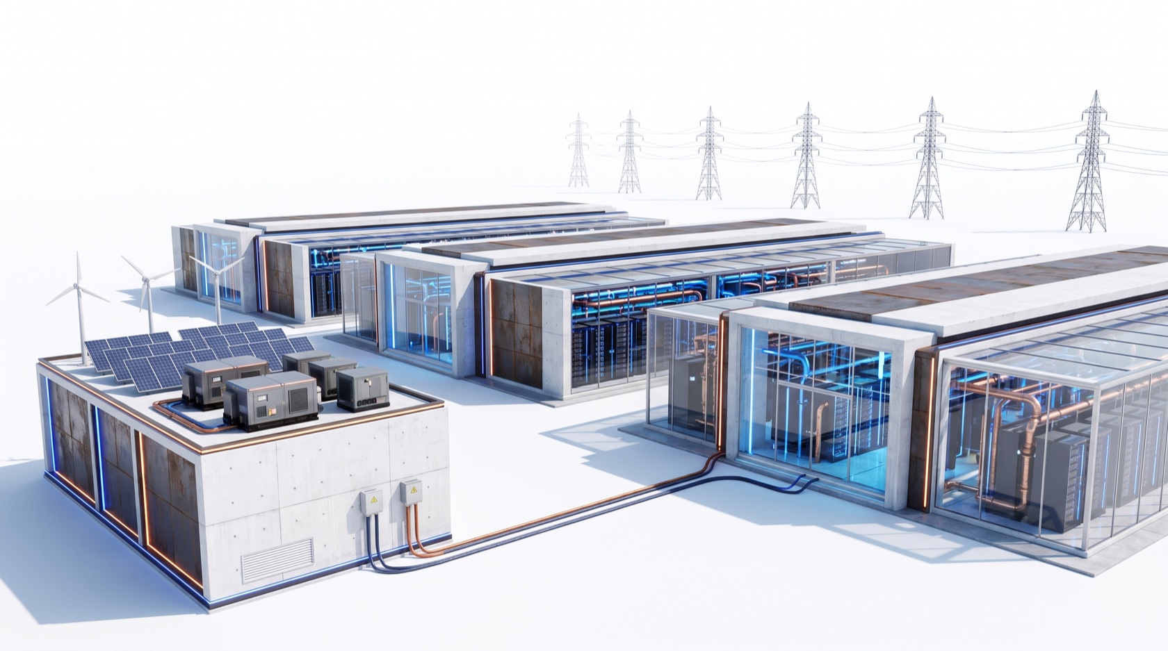 An off-grid AI data center campus with its own on-site power generation and closed-loop liquid cooling, standing apart from distant grid transmission towers that trail off unconnected — SAVRN's islanded campus model.