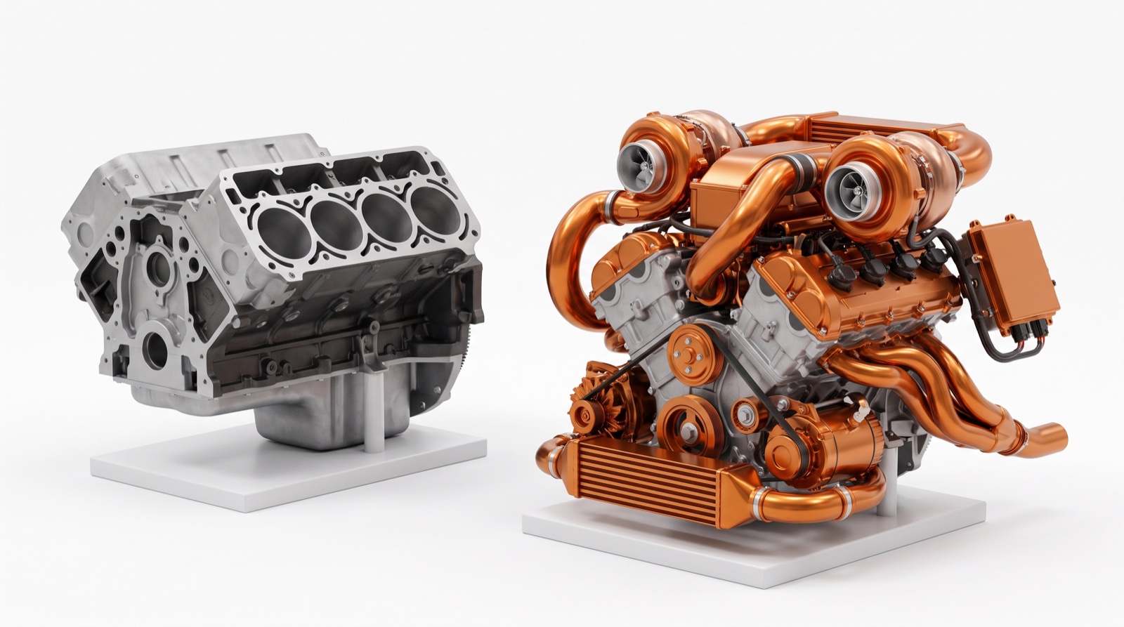 Two engines on white plinths: a large bare naturally aspirated V8 block in plain aluminum next to a small V6 block wrapped in a copper harness of turbochargers, intercooler, hybrid motor-generator units, plumbing and control unit