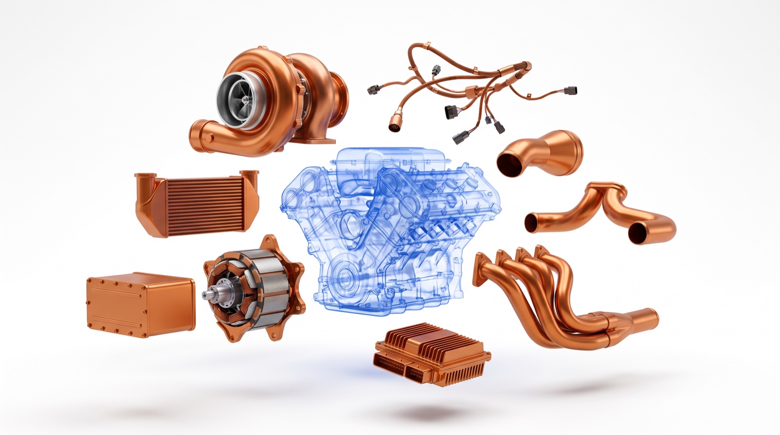 Exploded view of a hybrid power unit: the V6 block drawn as translucent blue blueprint linework with the turbocharger, intercooler, motor-generator, energy store, exhaust headers, wiring loom and control unit floating around it in solid copper