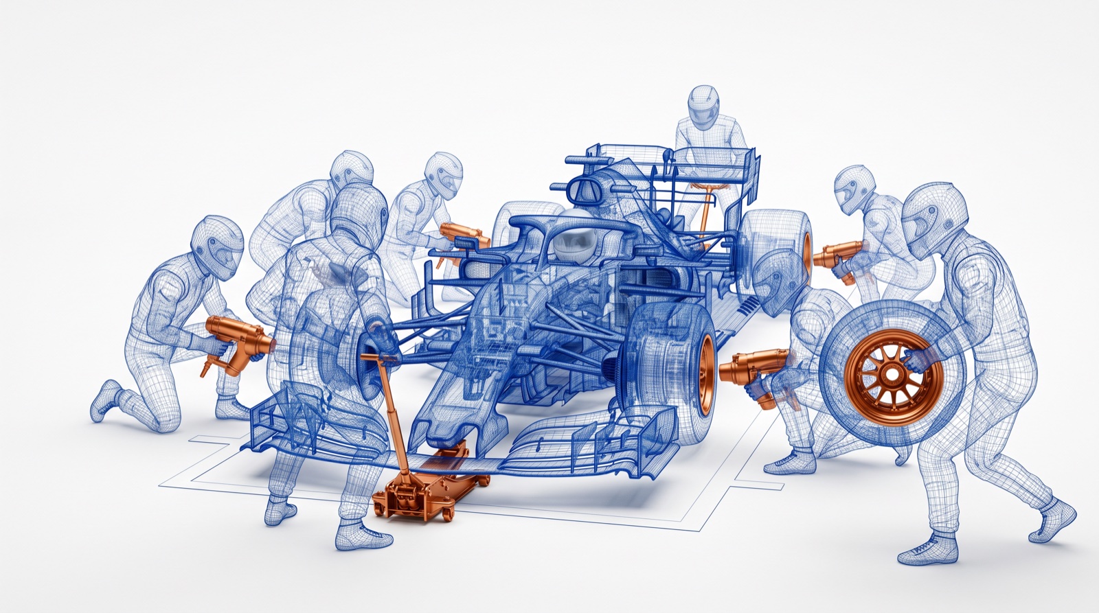 A pit crew and race car drawn as translucent blue blueprint linework, with only the wheel guns, front jack and one wheel rendered in solid copper