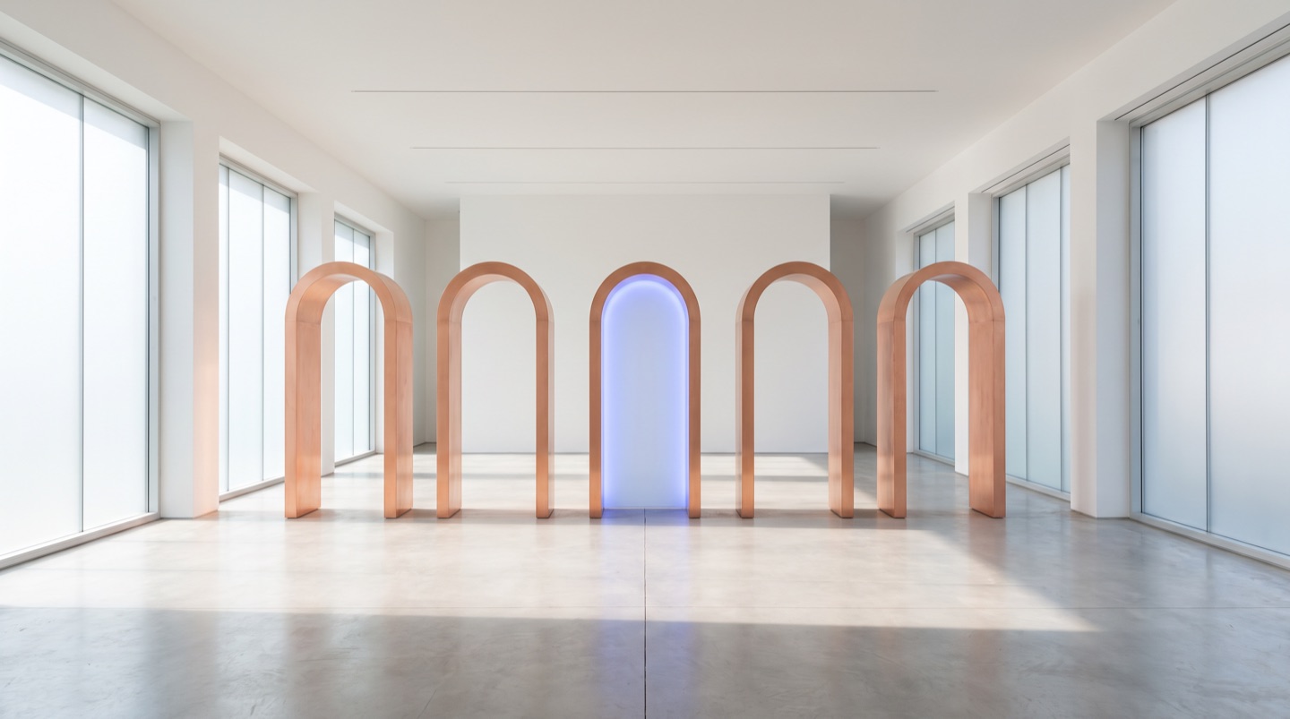 Six identical copper archway gates in a bright white gallery, one glowing blue — a metaphor for six grid markets placed under simultaneous FERC review.