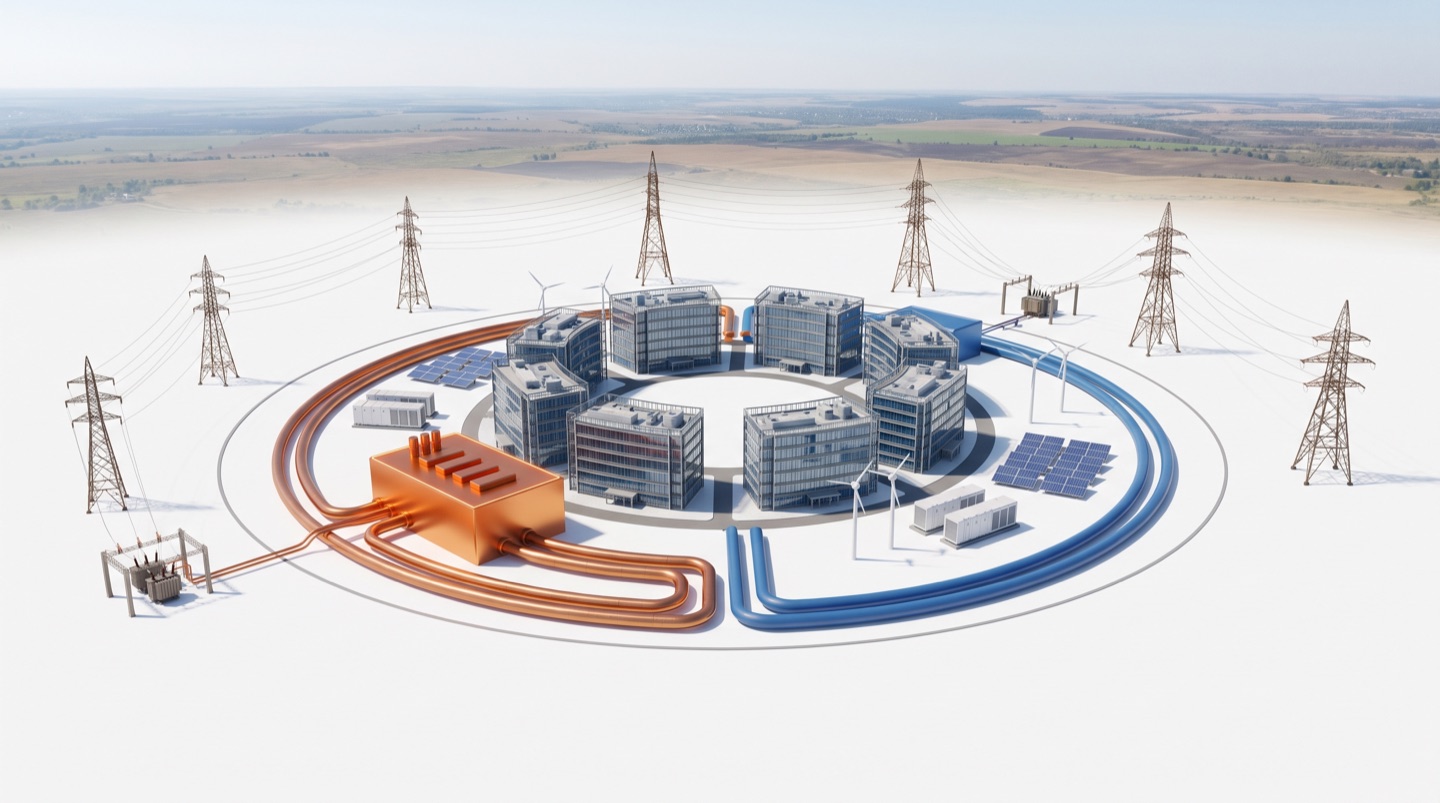 A self-contained AI factory campus enclosed in a copper power ring and a blue closed-loop cooling ring, with the public grid and its transmission towers sitting separate and untouched outside the circle — SAVRN's islanded, energy-independent model.