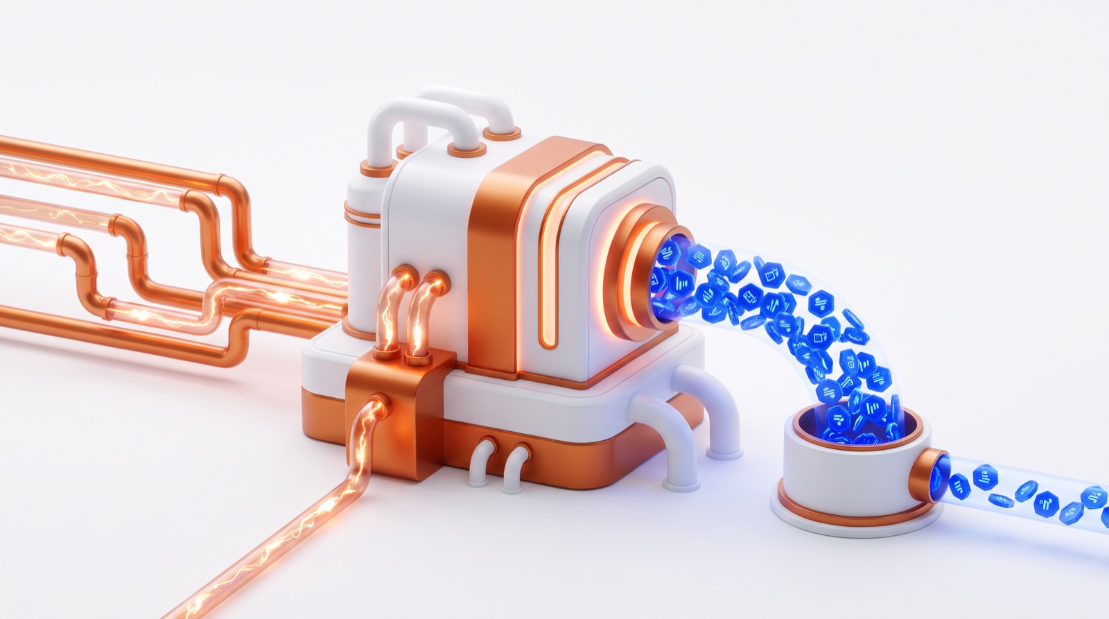A copper machine converting raw material into a stream of structured tokens — how business documents become AI training data