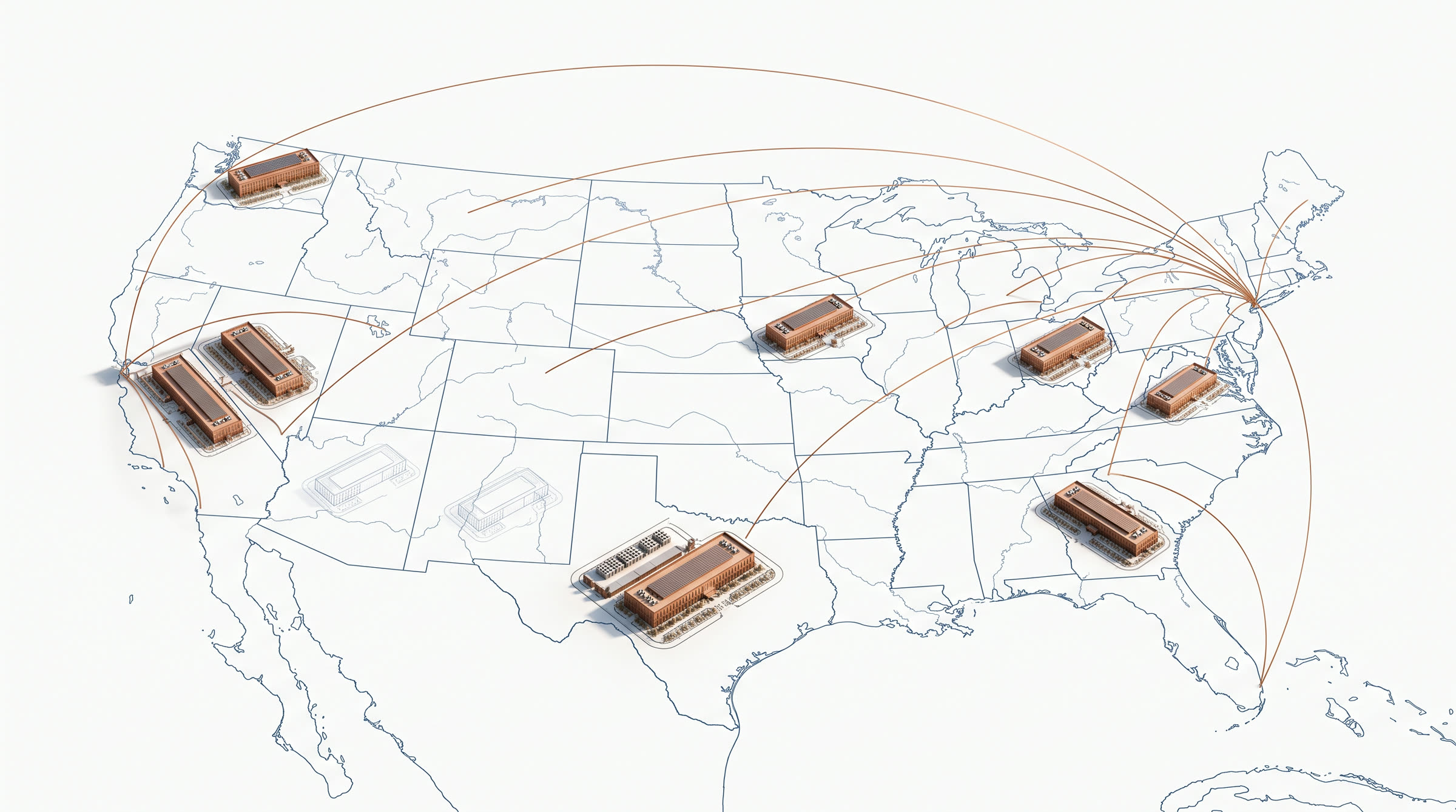 Blueprint map of the United States with hyperscale data center campuses rendered in copper at major metros, thin copper arcs of capital connecting coastal financial centers to the campuses, and several campuses left as unfinished blueprint outlines