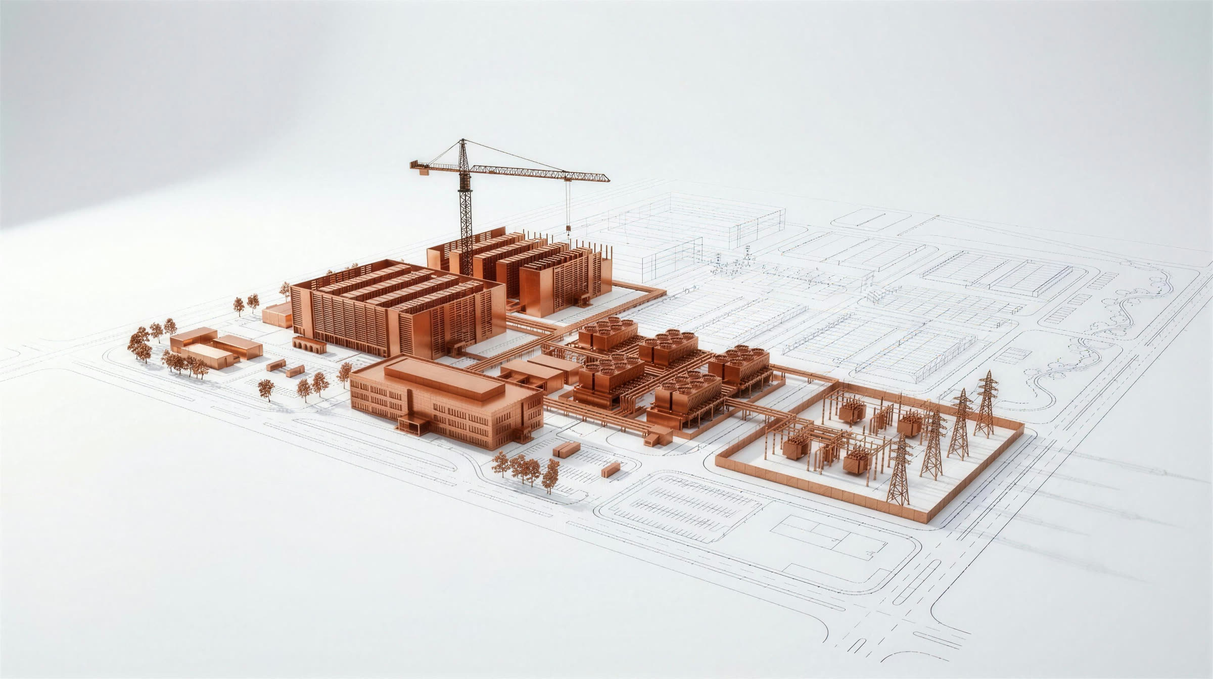 Scale model of a data center campus on a white plan: completed halls, cooling plant, and electrical substation rendered in copper, with queued future phases drawn as blueprint outline and a construction crane standing still