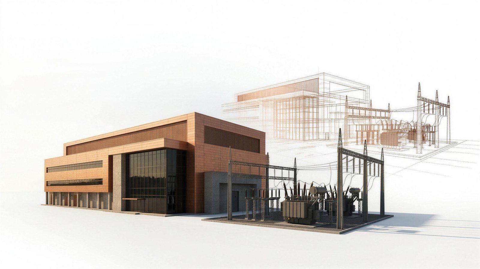A finished data center and its installed substation, dark and unpowered, fading into a blueprint-ghost of itself