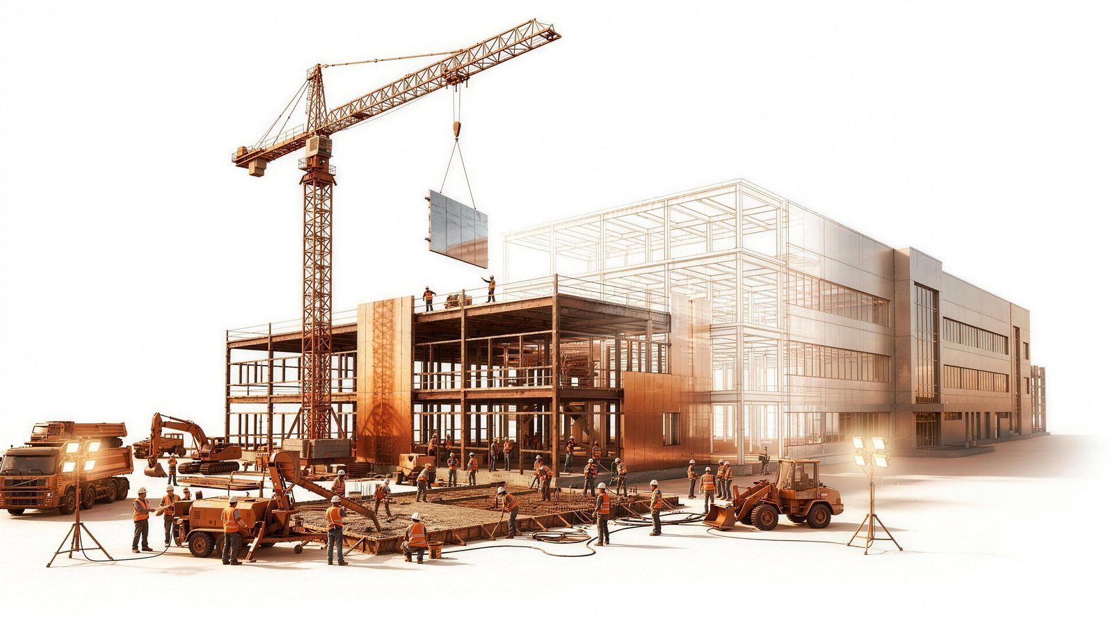 A data center construction site alive with a working crew, a tower crane, and delivery trucks
