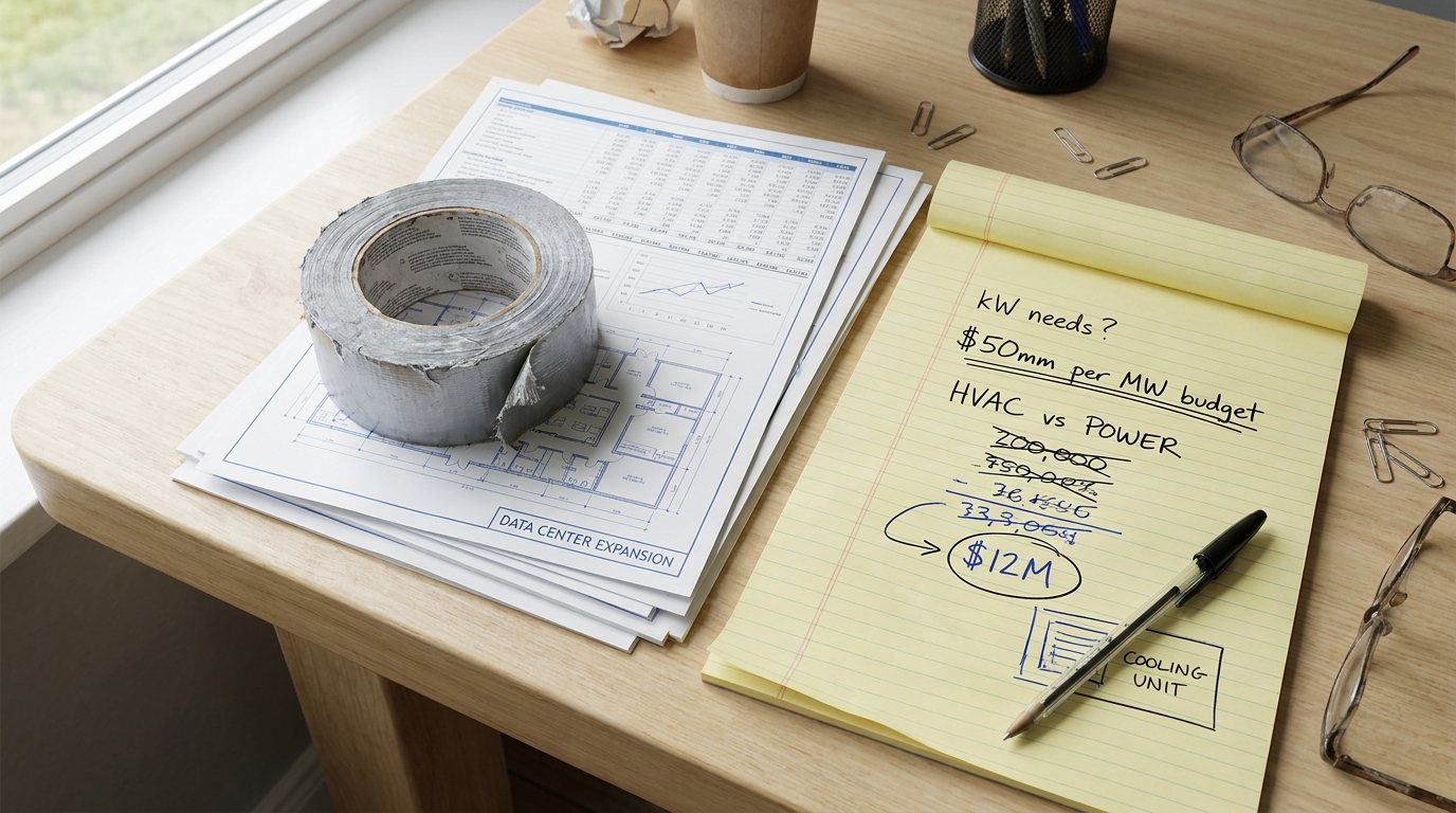 A worn roll of duct tape resting on data-center floor plans and a printed financial forecast, beside a yellow legal pad of handwritten notes and a ballpoint pen.
