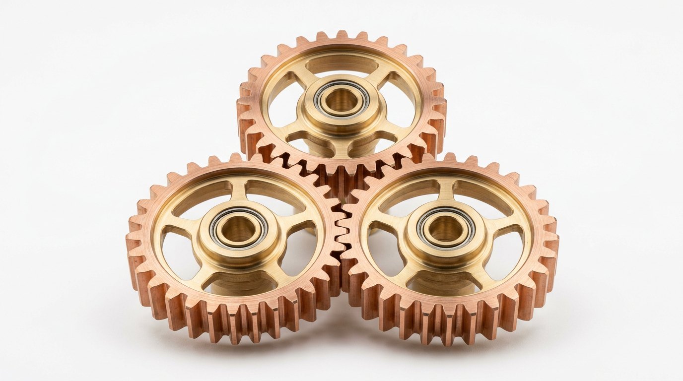 Three precision brass-and-copper gears meshed together so all three turn as one; remove any one and the other two cannot turn.