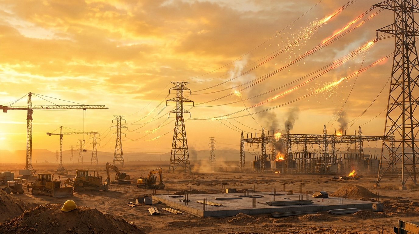 A vast electrical grid under strain at golden hour: transmission towers and a substation sparking, beside a stalled, abandoned data-center construction site.