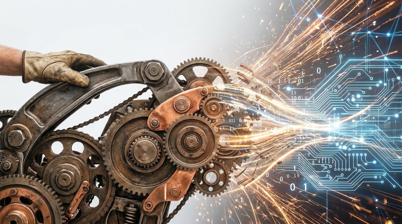 The industrial age meeting the AI age — heavy forged gears and copper machinery dissolving into streams of light, data and circuitry.