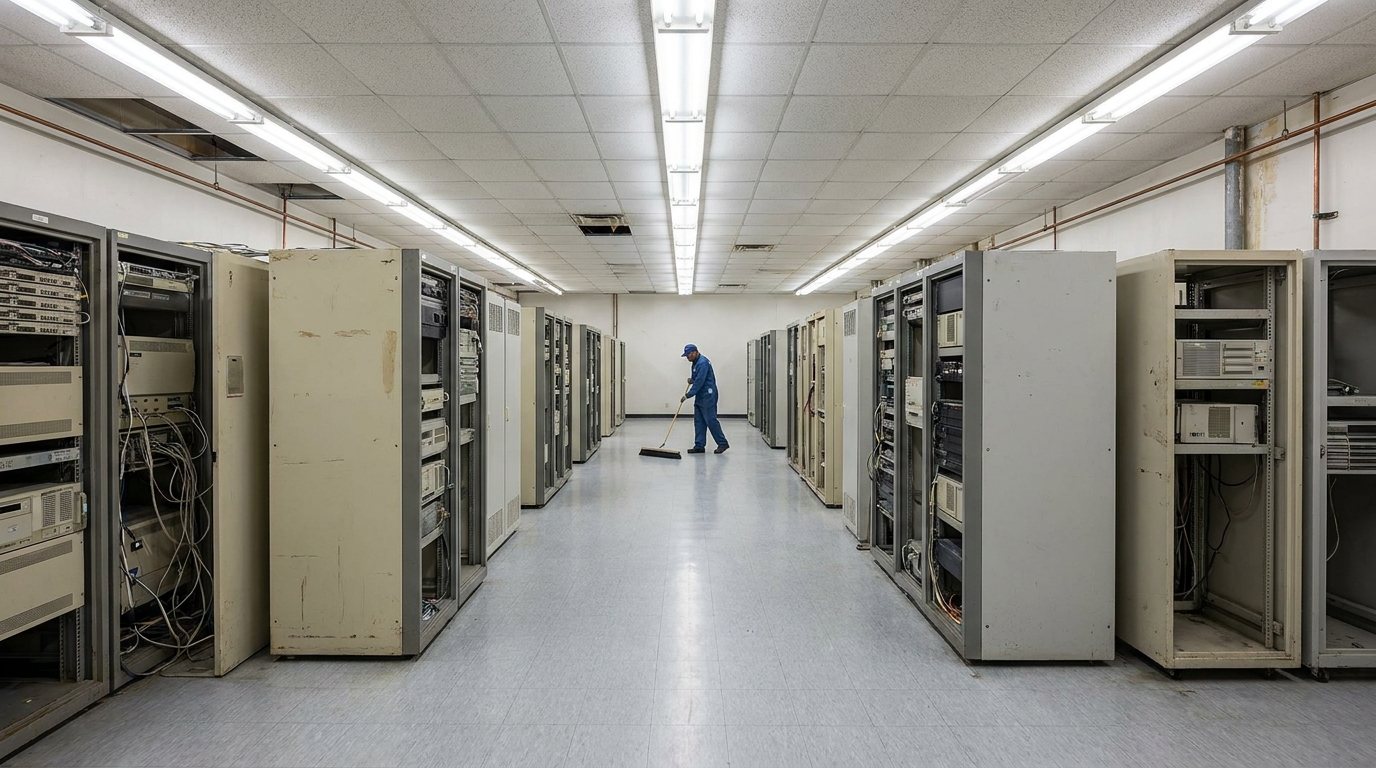 An older, low-density enterprise data-center hall with rows of aging beige server racks and a lone janitor sweeping the aisle — legacy scale as overhead, not advantage.
