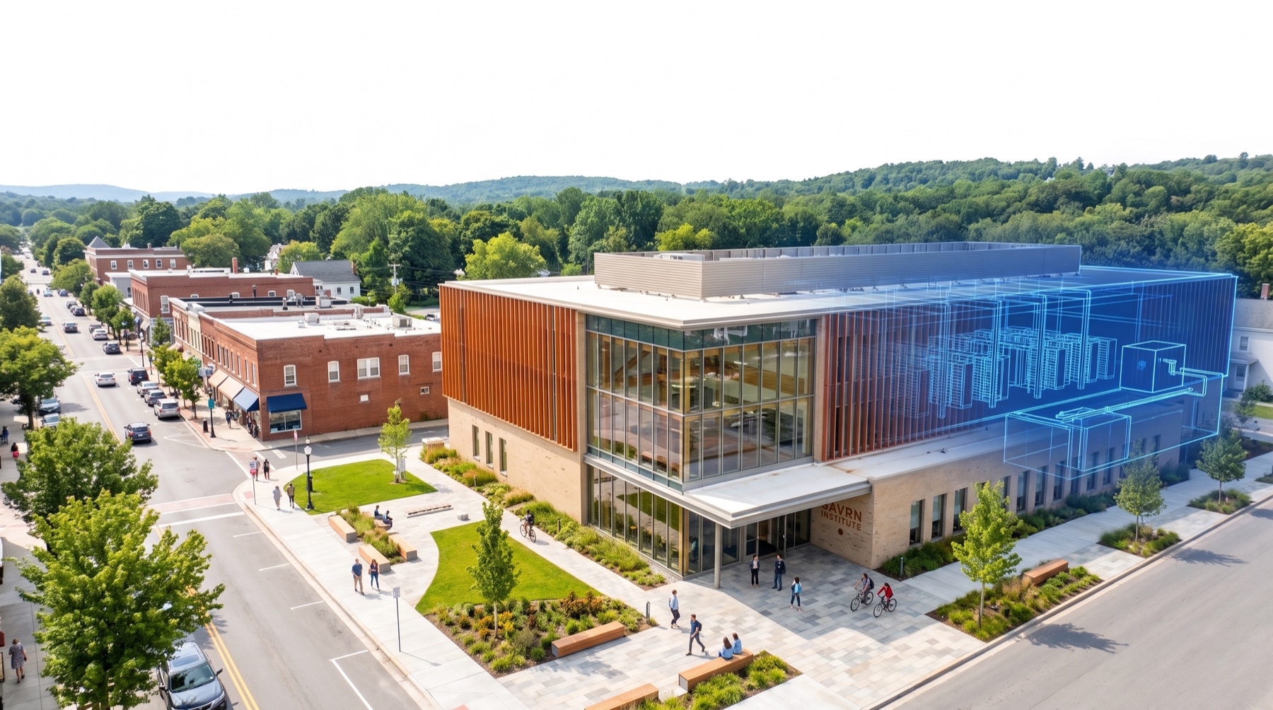 The AI factory a community is proud to host. The SAVRN Institute on a small-town main street: the training hall in front, glass and copper, people arriving; the compute hall behind it, set back, still a drawing. Every constraint in Part Three is a line in this picture.