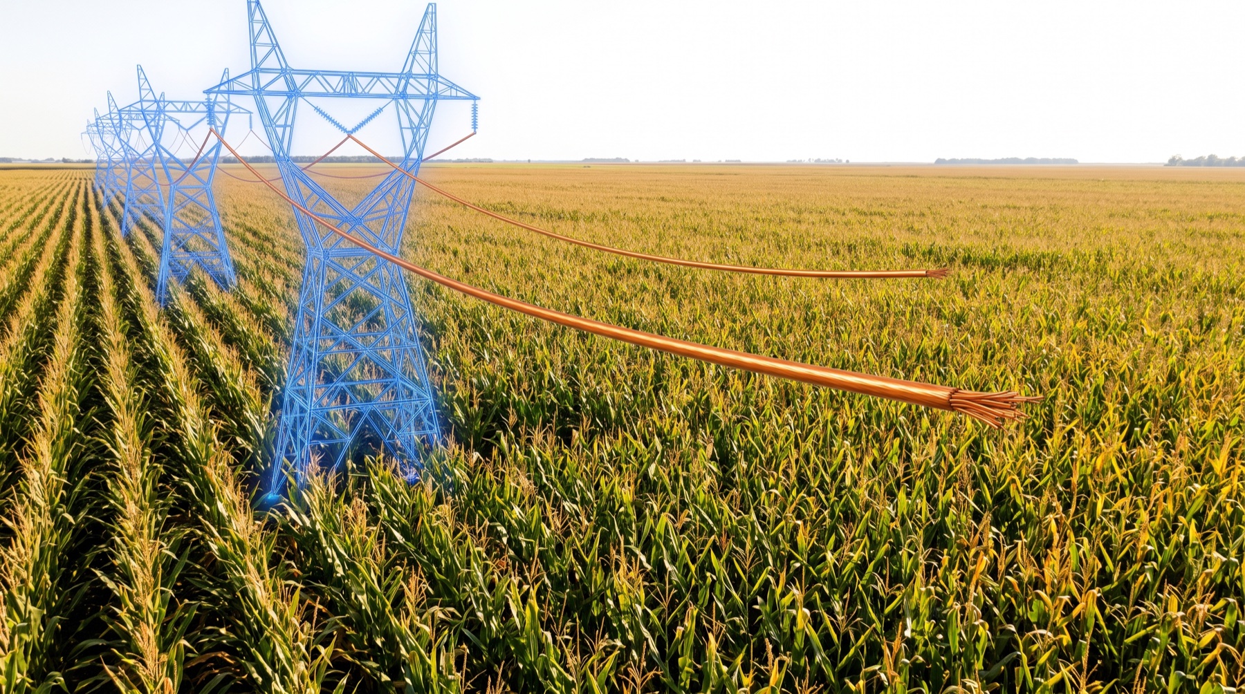 Field of Dreams. The towers are a drawing. The wire is real, and it ends over the corn, connected to nothing. The electricity is not going to come the way it did last time. It is going to come the way it can.