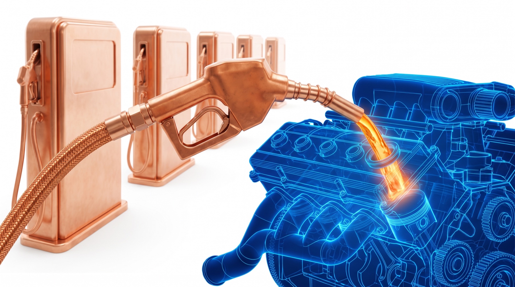 The model is the fuel. The harness is the engine. A row of identical copper pumps, one no different from the next, and an engine that exists only as a drawing. Which pump you fill from matters less every year. What you build around the fuel is the whole game.