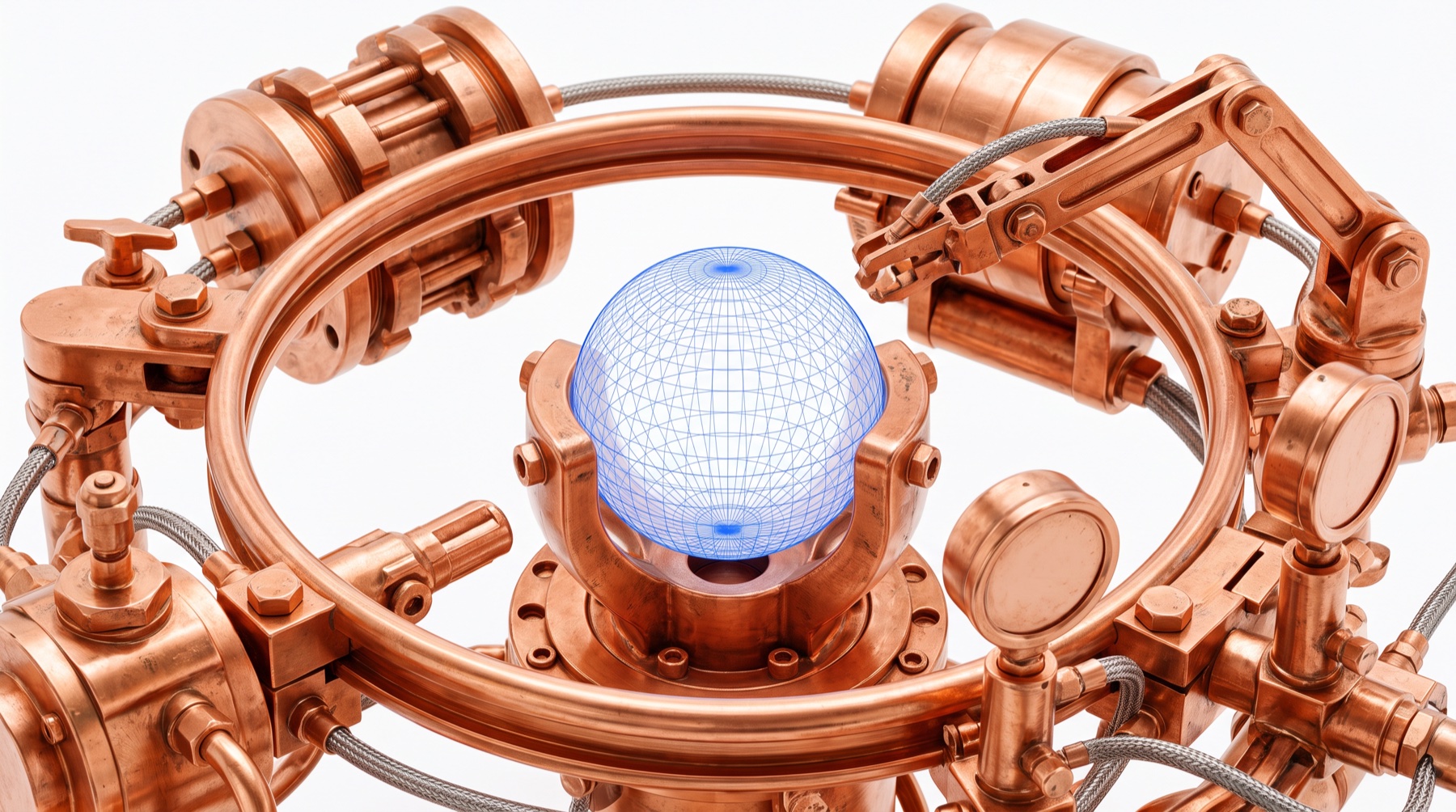 The engine and the fuel. The harness is copper: the loop, the tool arms, the memory drum, the gauges. The model at its center is only a drawing. Three of the four parts of an agent are built and owned by the buyer, not the vendor.