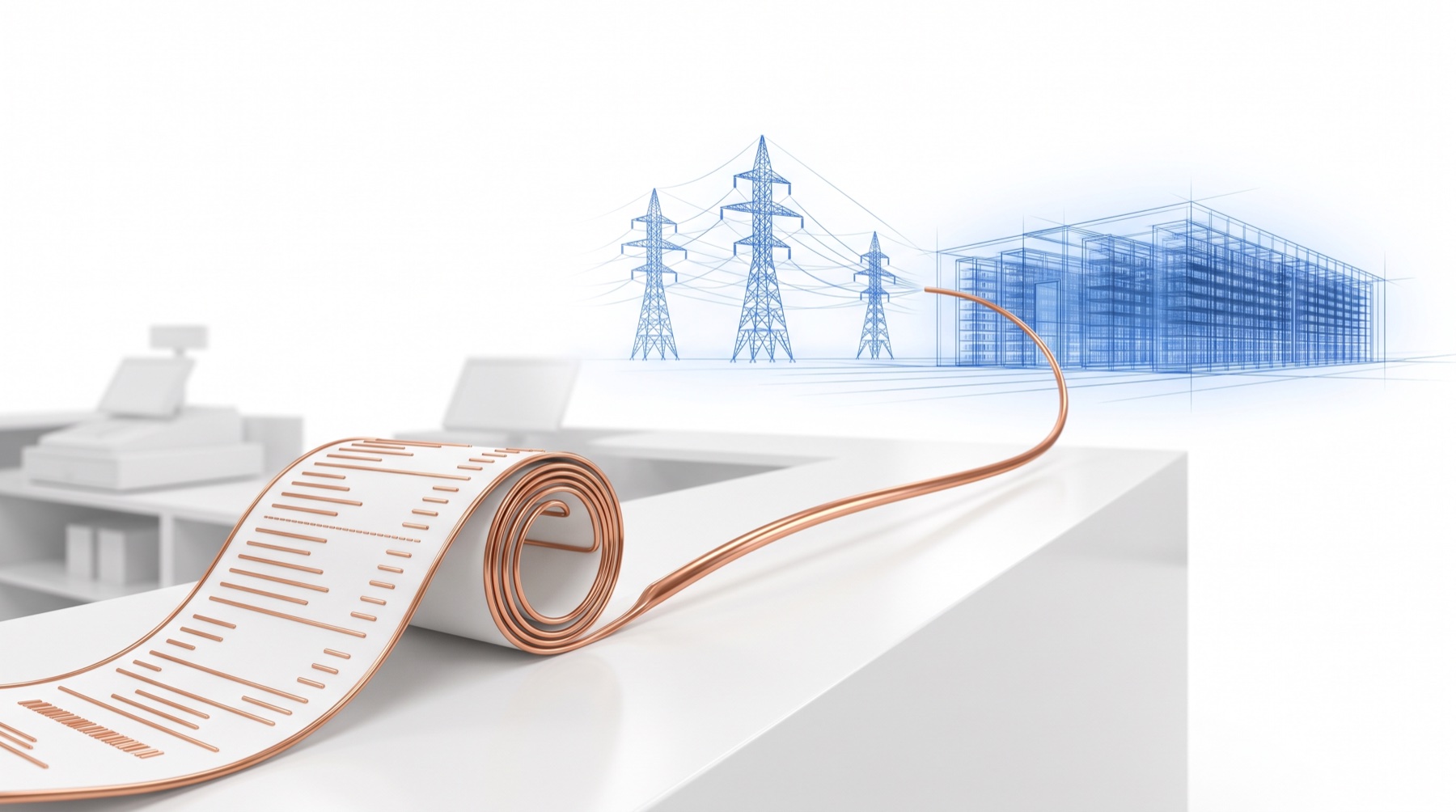 A paper checkout receipt on a white counter whose printed lines are copper wire; the last line lifts off the paper as a single copper wire that runs back to a translucent blueprint of transmission towers and a data center hall
