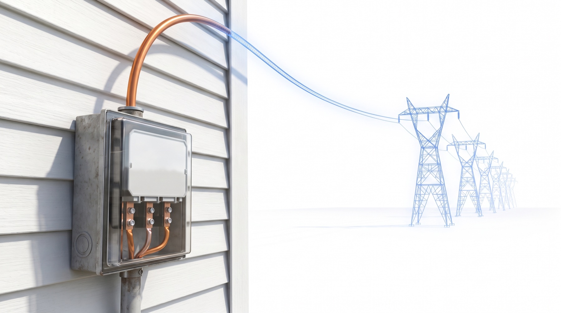 Where the wire turns real. The transmission line is a drawing until the last stretch, where it reaches a house and becomes copper. The utility builds to serve the load. The utility recovers the cost from rate classes. Without a large-load class that pays its own way, the residential meter picks up the difference.