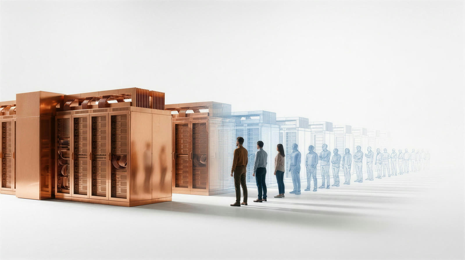 A queue of data center halls and the people waiting on them, solid copper and real at the front, dissolving into pale blue blueprint outline toward the horizon