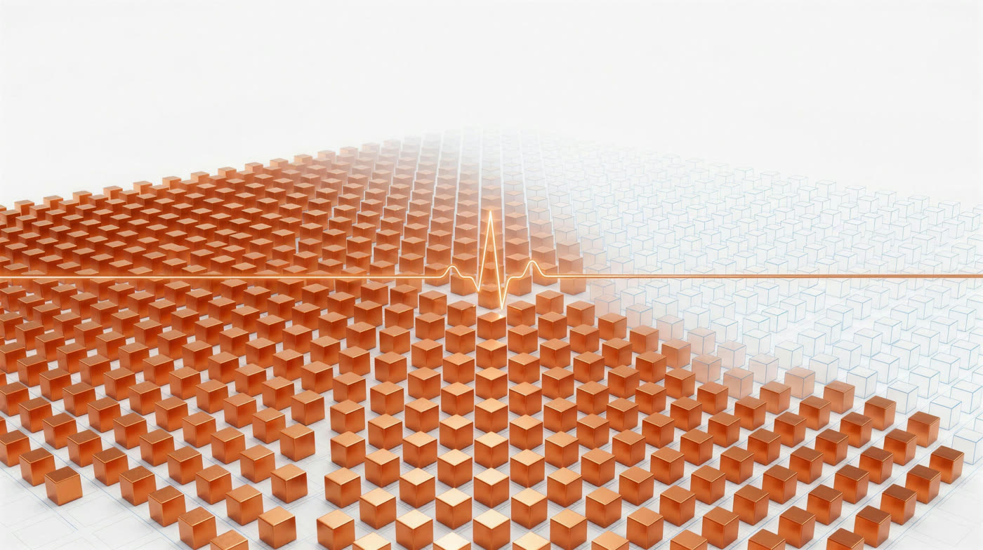 A field of copper data center capacity with a glowing copper heartbeat line running through it, real in the foreground and dissolving to blueprint outline behind