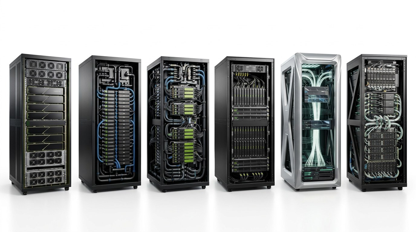 Six NVIDIA compute-rack generations in a row on white, from air-cooled Hopper to liquid-cooled Blackwell, Vera Rubin and Kyber, and photonics-based Feynman.