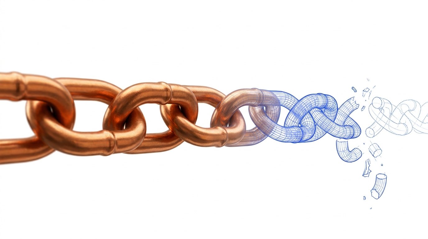 <b>The compounding chain.</b> Twenty links; each one a little less real than the last. A model that is right 85% of the time on one step is right about 4% of the time across twenty. Engineering discipline exists to stop the fade.