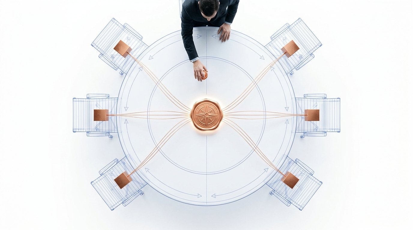 <b>The council, seen from above.</b> Six seats, six agents, one human at the head, one seal in the center that every filament runs to. This is what the category means: a fleet that plans and proposes, and a person who approves.