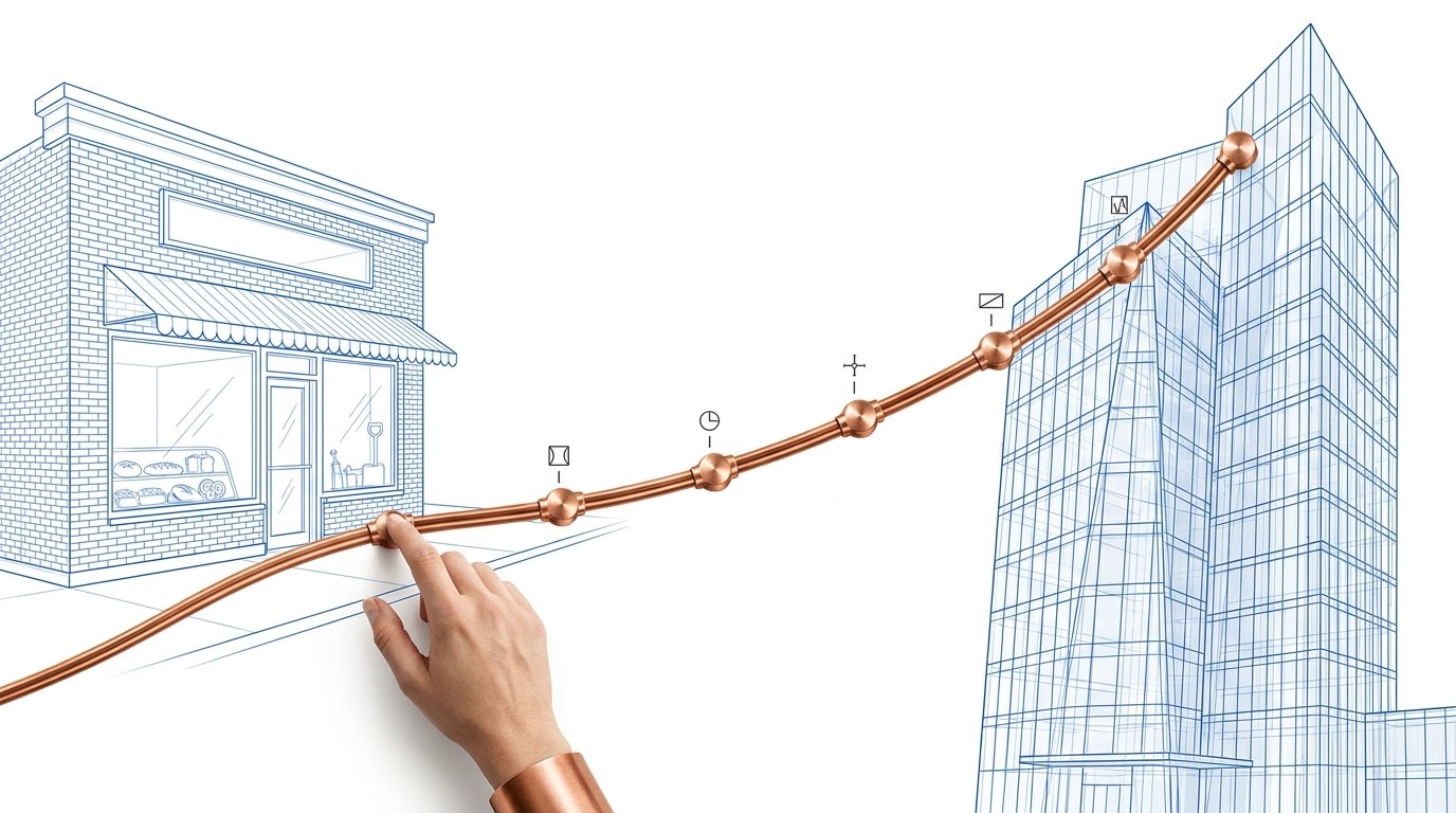 <b>Two adoption curves.</b> A main-street storefront and a corporate tower, drawn in the same blueprint linework and joined by one governed chain. The enterprise end is scaling agent fleets. The storefront has access to the same models and none of the engineering. The chain is what has to be built between them.