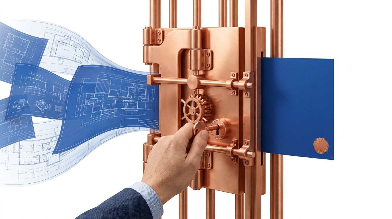 <b>The gate.</b> Work orders flow in as blueprints. One comes out solid, stamped, and only after a human hand has turned the key. Approval is a physical mechanism, not a prompt.