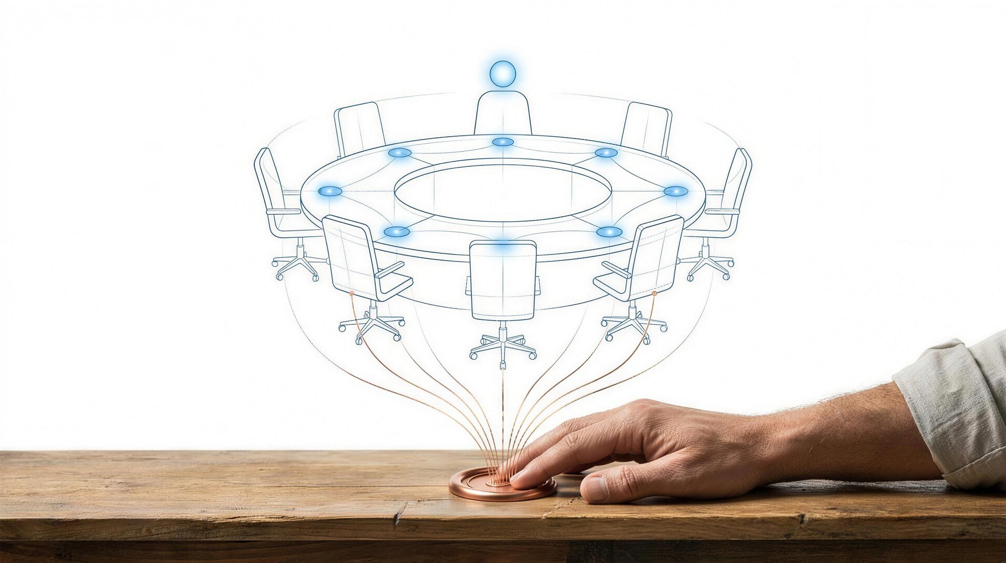 A small-business owner's hand rests on a copper seal on a wooden counter; above it, a translucent blueprint council table with six seats and one human place, every seat wired down to the seal