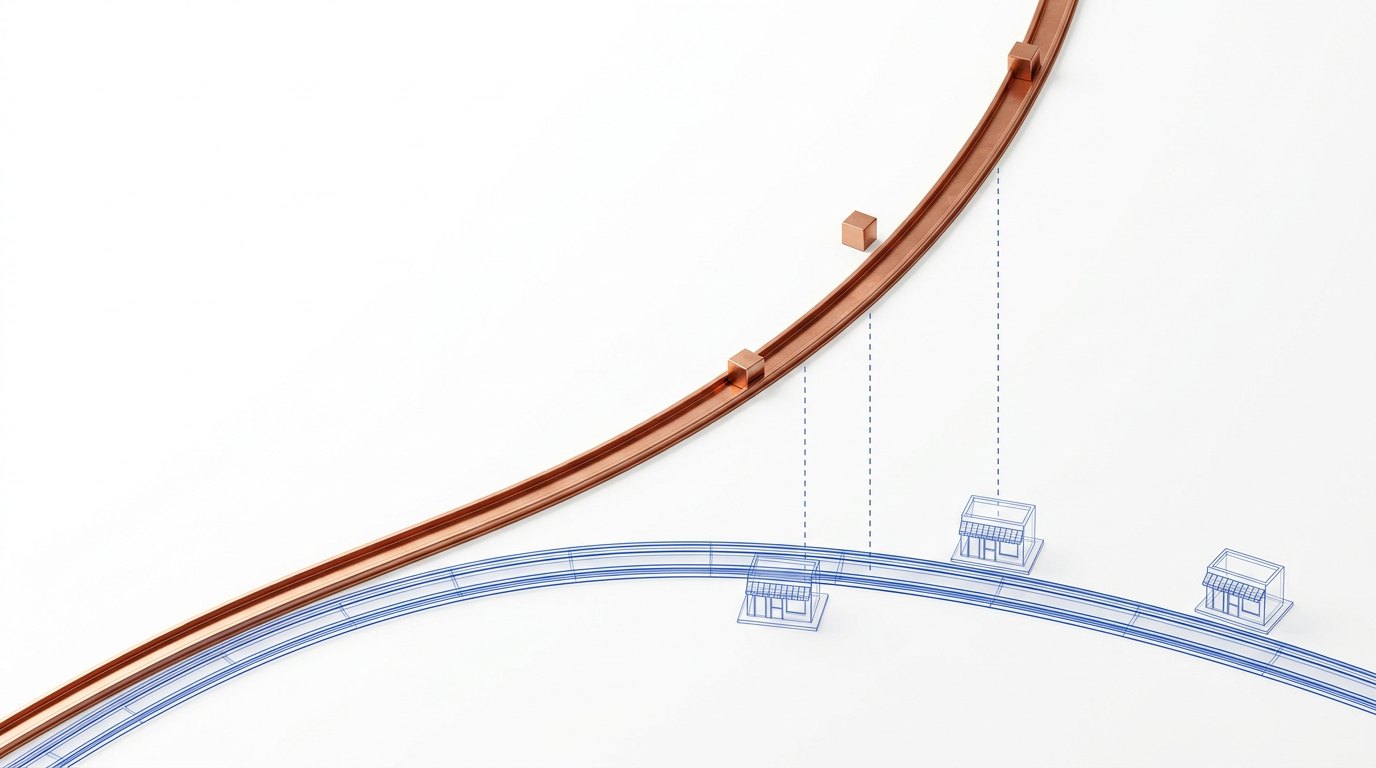 <b>The gap widens every cycle.</b> Two rails leave the same point. One is copper and climbs; one is blueprint and stays flat. The dashed drop between them is what a small business is being asked to price.