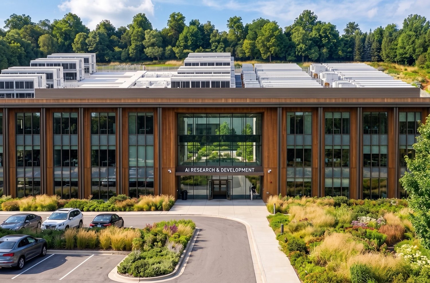 Aerial render of a small SAVRN sovereign AI campus at golden hour — a glass-fronted learning institute in front, modular compute units behind, in a green landscape.
