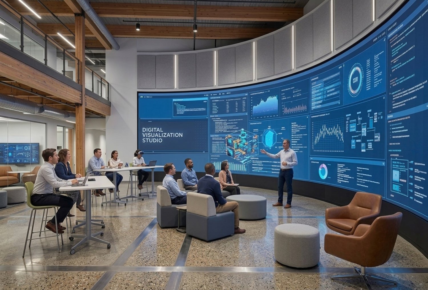 SAVRN Digital Visualization Studio: one person framing a problem at a large curved data wall while a group looks on.