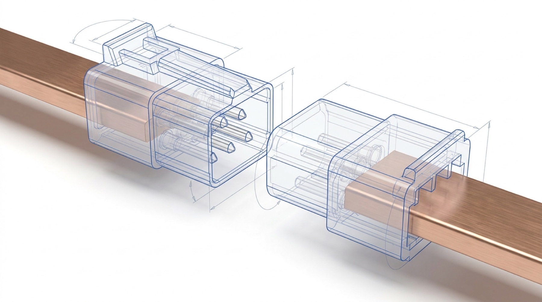 Wireframe line drawing of two blind-mate connector halves with staggered pins, with only the solid copper busbar rendered real