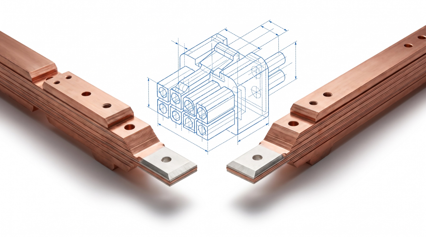 Two solid copper busbar ends reaching toward each other, with the connector between them drawn only as a dashed blue outline