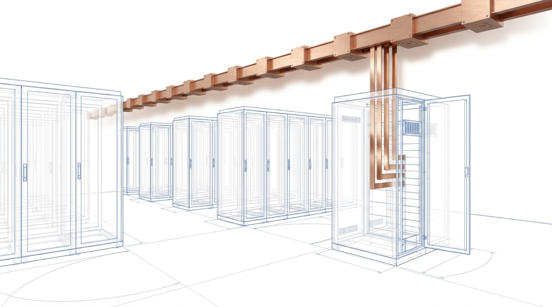 Wireframe line drawing of a data hall power row where only the overhead copper busway spine and its tap-off drop are rendered real