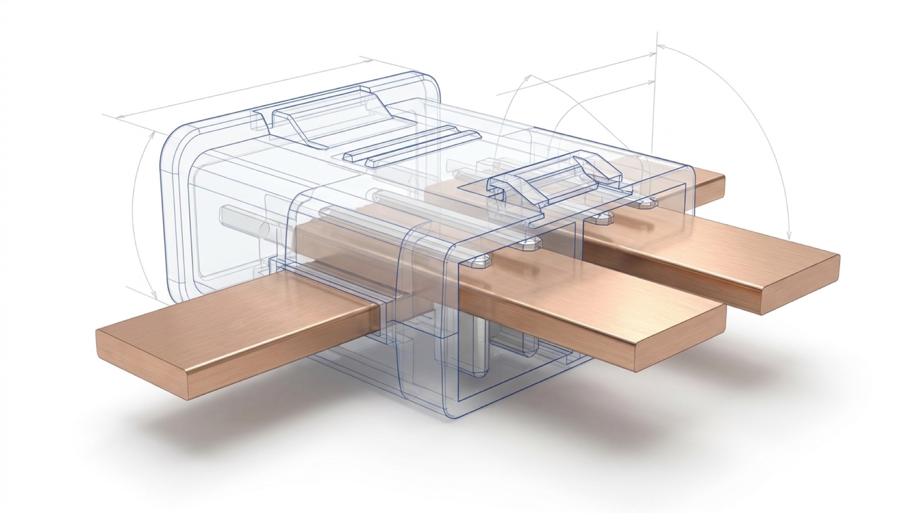 Translucent wireframe line drawing of a busbar connector with only the solid copper conductors rendered real