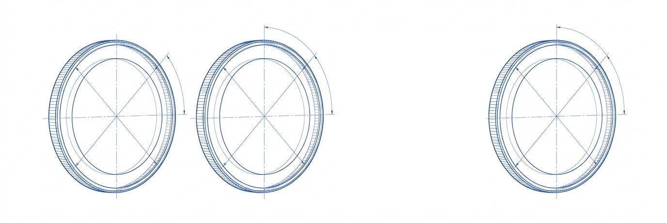 Four identical machined discs in a row; three are drawn only as blue wireframe blueprint linework with dimension arcs, while the third from the left is a solid photoreal copper disc casting a real shadow.