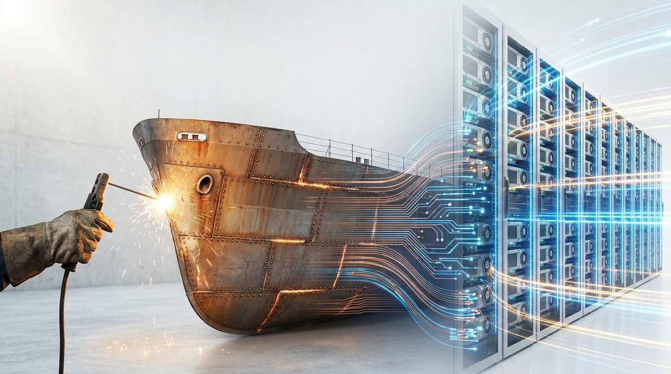 A 1940s Liberty-ship welded steel hull with a welding arc and sparks on the left, dissolving through copper circuitry into rows of glowing GPU server racks on the right — the industrial age meeting the AI age.