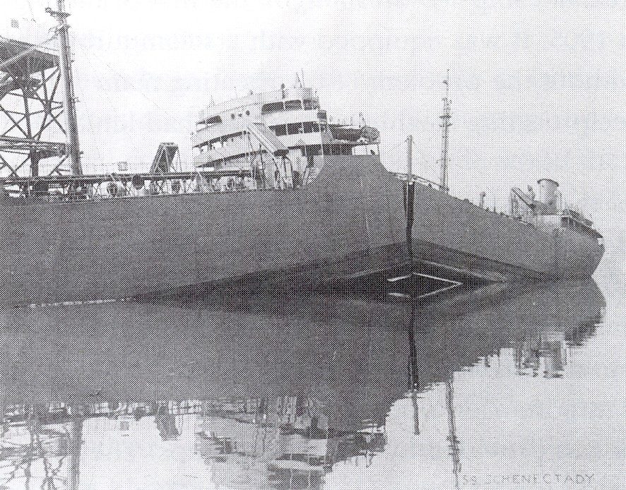 The tanker Schenectady cracked almost in half at the fitting dock, keel jackknifed out of the calm water.