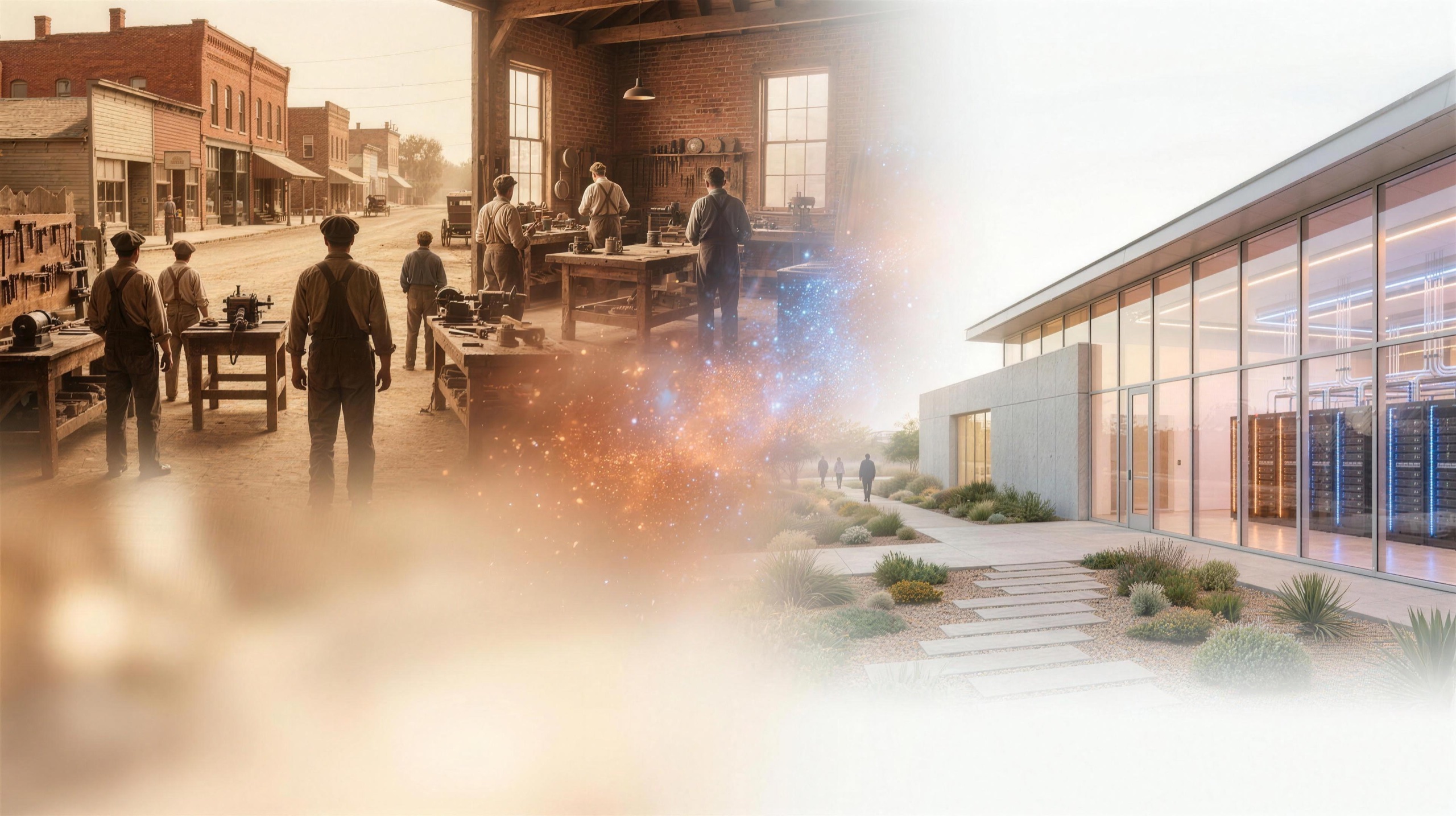 An early-20th-century American main street and trade workshop dissolving through copper and cobalt light into a modern SAVRN campus &mdash; the training institute in front, the AI factory behind