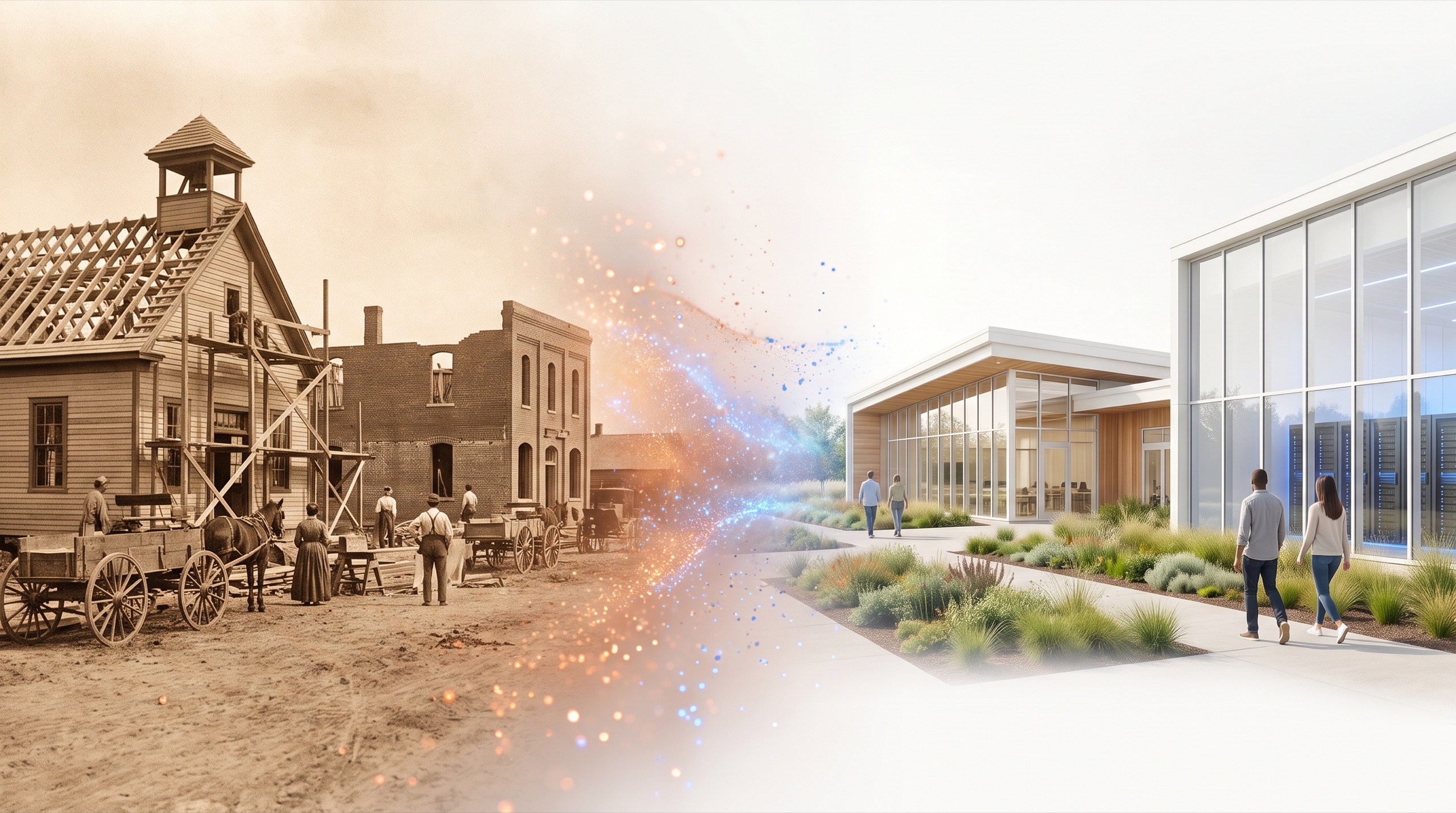An early-20th-century American schoolhouse and works building being raised side by side, dissolving through copper and cobalt light into a modern training institute standing beside an AI factory