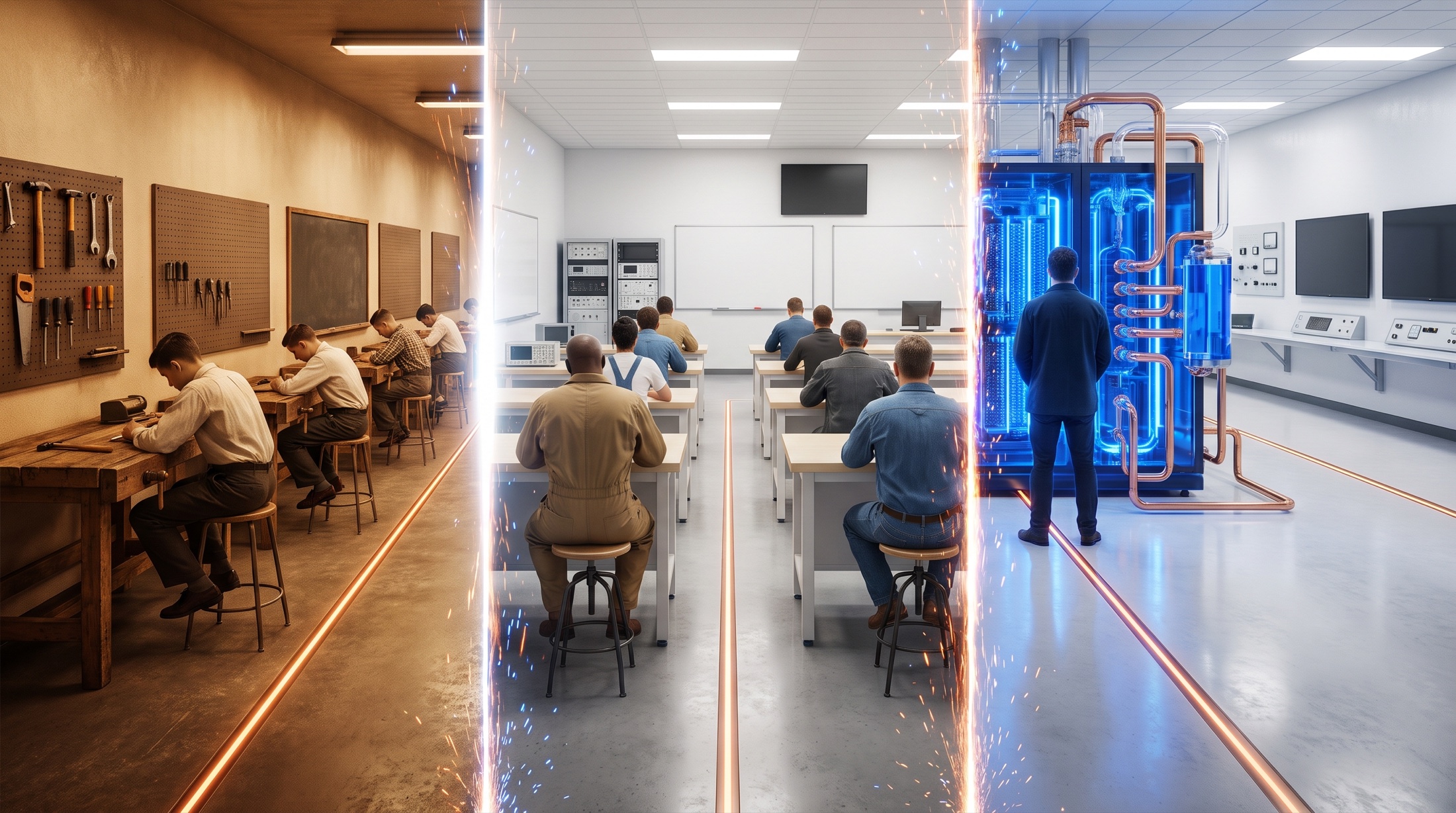 A 1950s high-school shop class opening into a community-college technical lab and then a university research hall, tied together by a copper light line in the floor