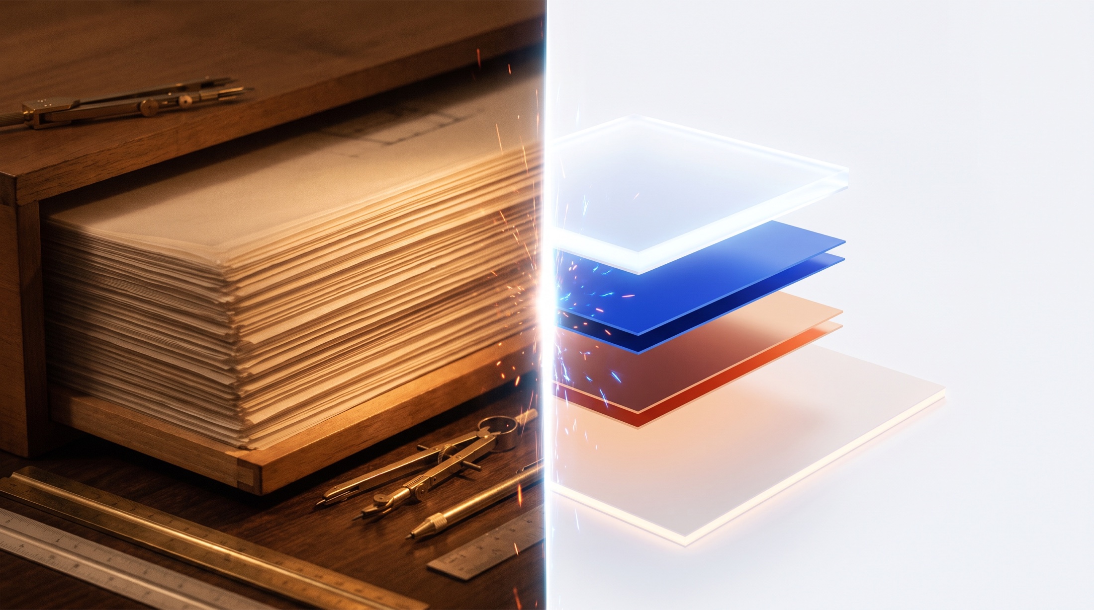Stacked vellum drawing sheets edge-lit in amber dissolving into four glowing exploded strata of a modern energy and compute campus