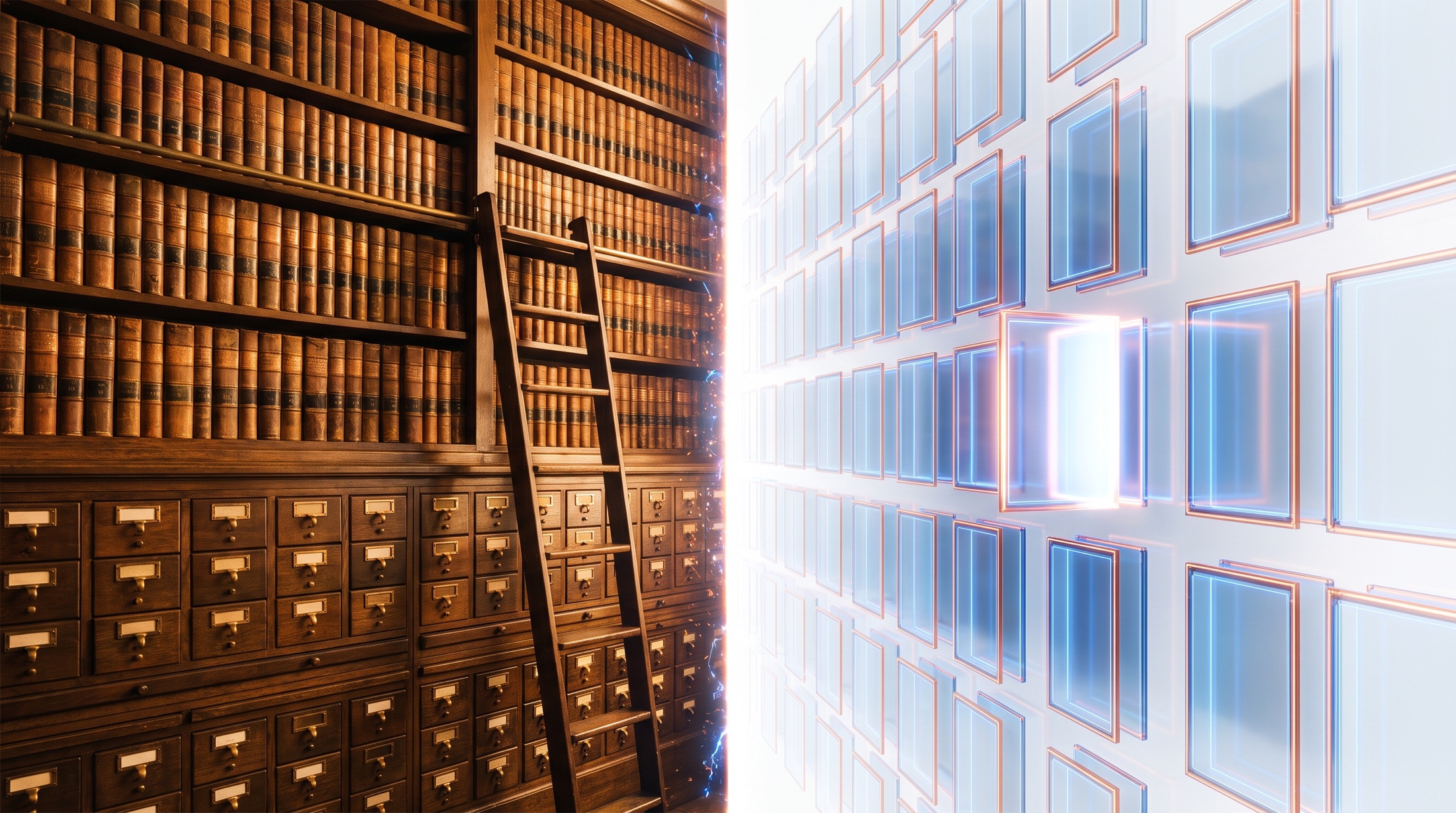 A wall of blank-spined leather ledger volumes and a card catalog dissolving into an orderly grid of glowing translucent record panels