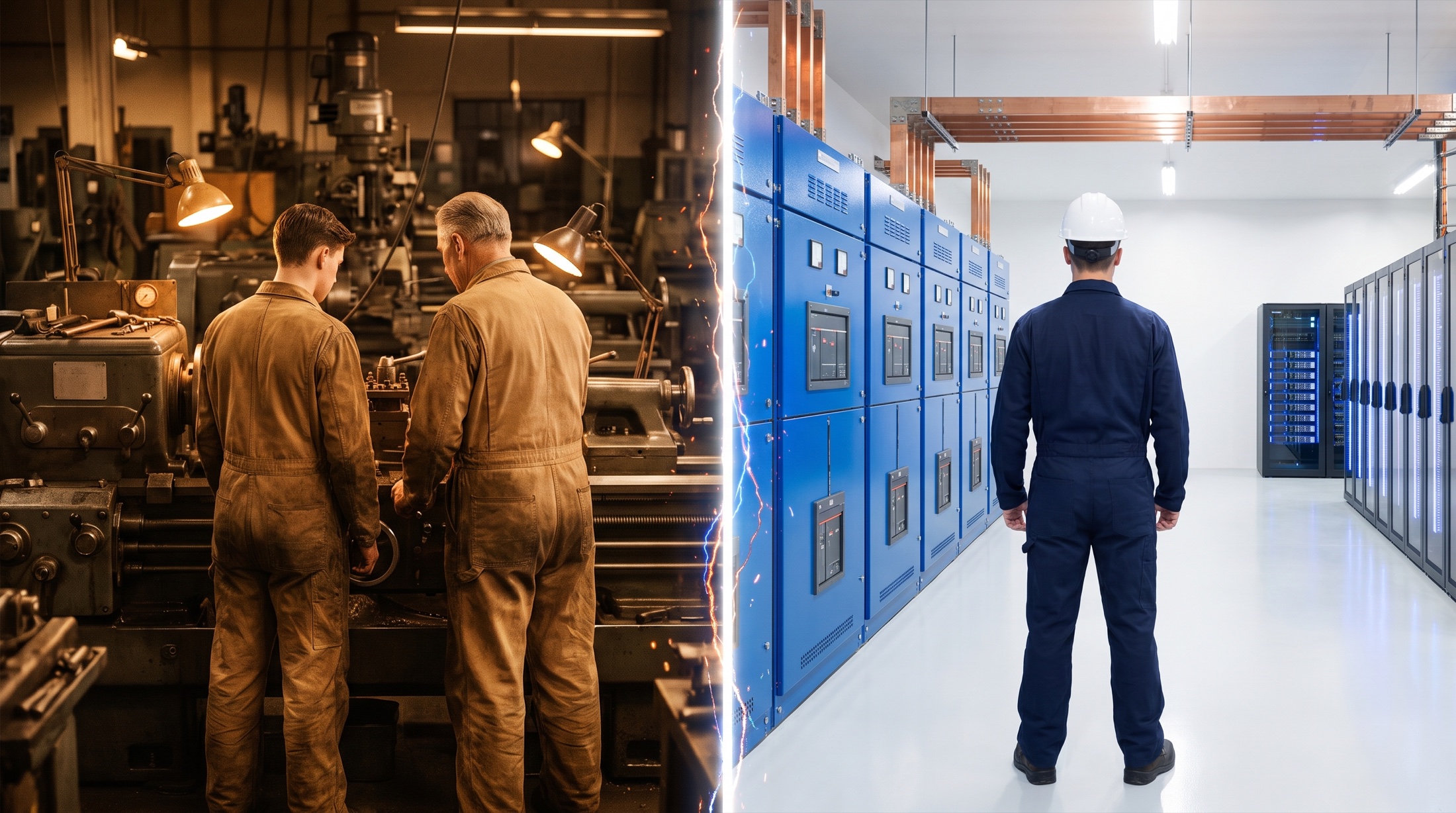 A 1940s machine-shop apprentice beside a master tradesman dissolving into a modern apprentice at medium-voltage switchgear