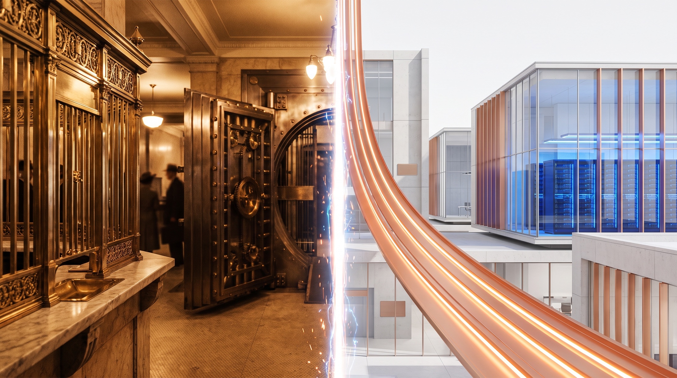 A 1930s brass teller cage and open vault door dissolving into three ribbons of copper light converging into a modern AI-factory campus