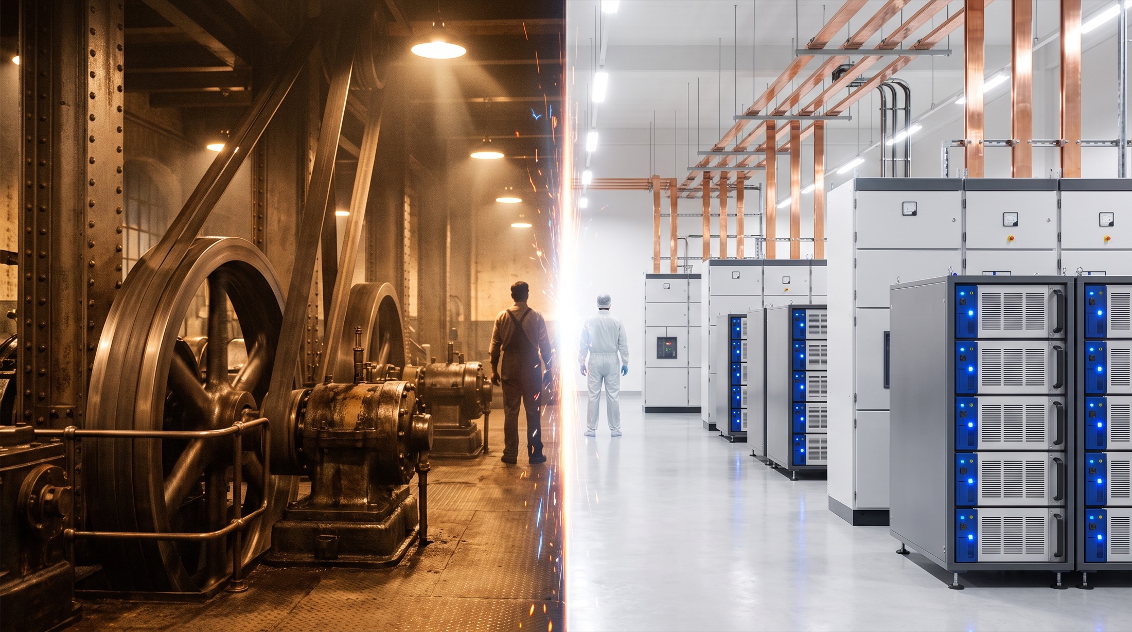 A 1930s powerhouse flywheel and belts dissolving into a silent modern lineup of battery storage cabinets and fuel cell modules with copper busbars