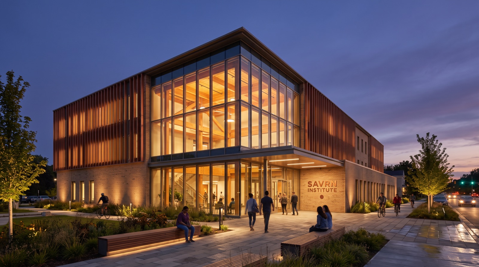 SAVRN Institute campus concept — dusk view of the civic entrance, mass-timber structure glowing through glass, copper SAVRN Institute sign